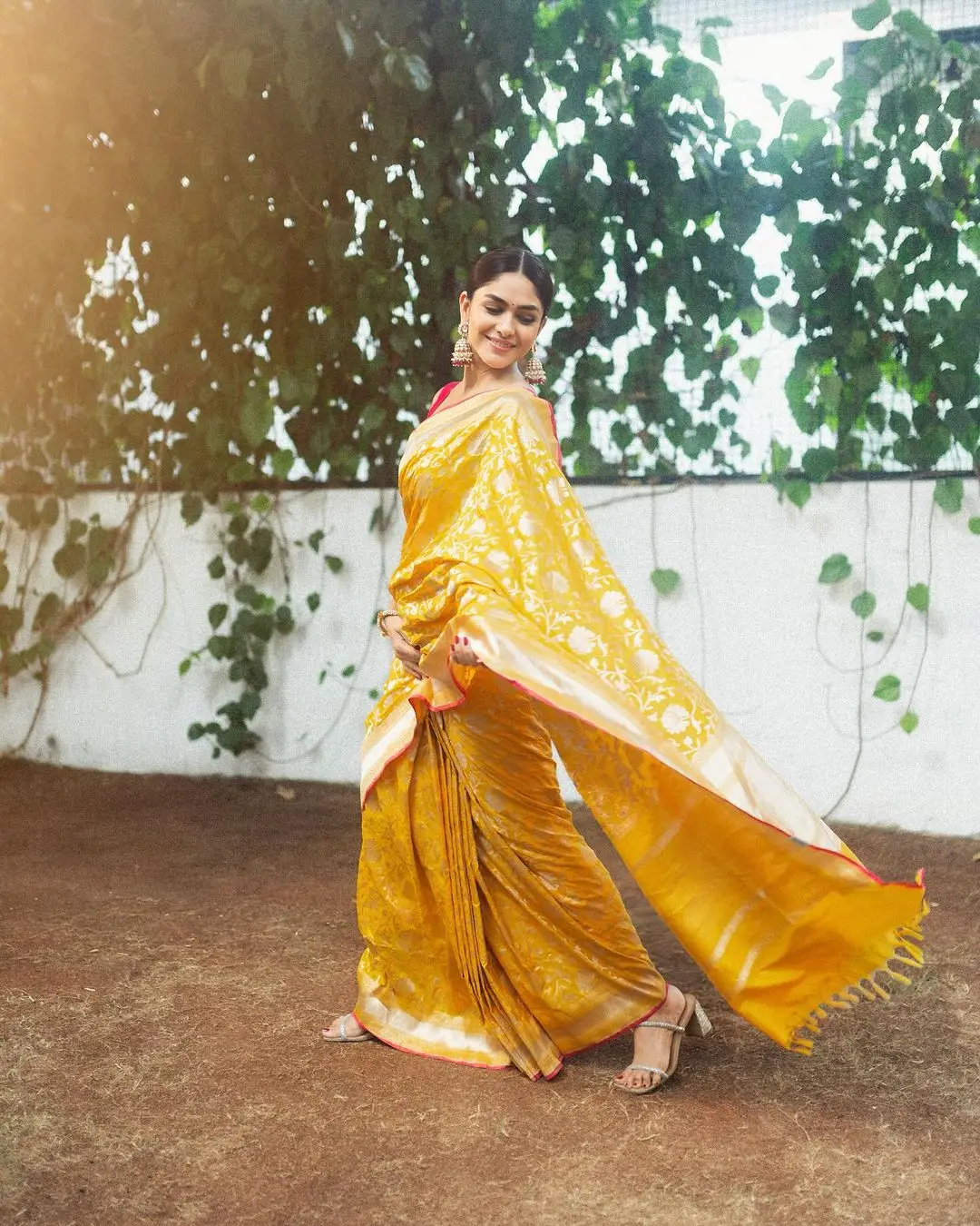 Mrunal Thakur Wearing Beautiful Earrings Yellow Saree Red Blouse